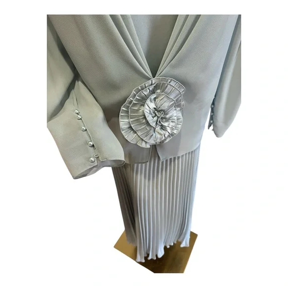 80s URSULA OF SWITZERLAND BLUE CHIFFON & SATIN DRESS W MICRO PLEAT SKIRT SZ 14W - Picture 7 of 7